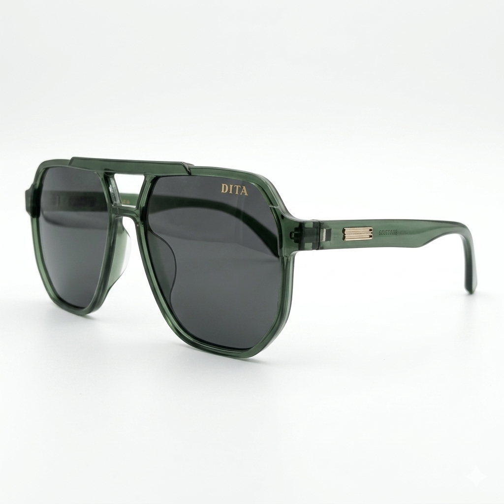 DITA 22058 Luxury Bold Aviator Sunglasses – Transparent Forest Green Acetate with Gold DITA Temple Detail & Dark Grey UV Protection Lenses