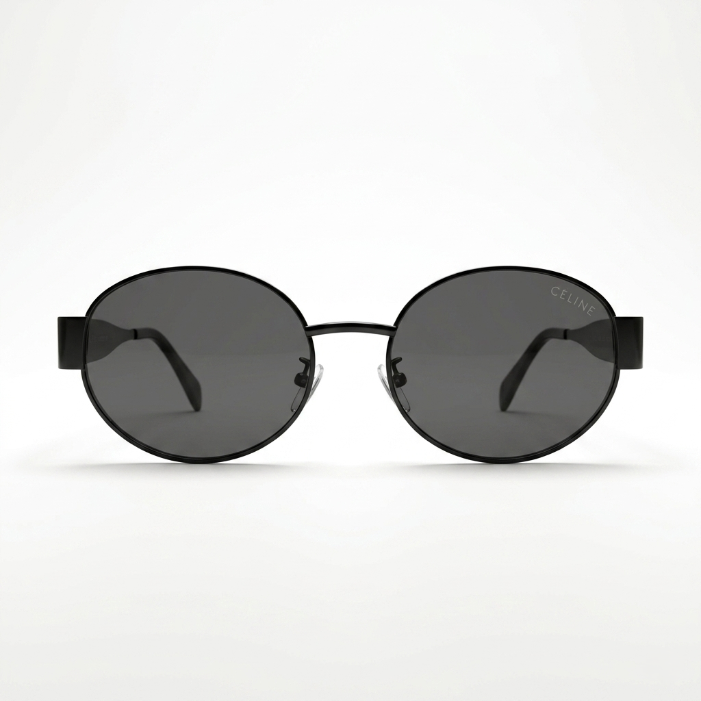 Celine 2380 Designer Oval Sunglasses – All Matte Black with Signature Celine Triomphe Logo & Dark Grey UV Protection Lenses Made in Italy
