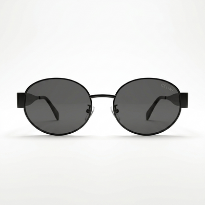 Celine 2380 Designer Oval Sunglasses – All Matte Black with Signature Celine Triomphe Logo & Dark Grey UV Protection Lenses Made in Italy