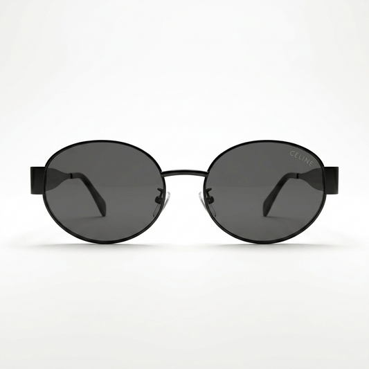 Celine 2380 Designer Oval Sunglasses – All Matte Black with Signature Celine Triomphe Logo & Dark Grey UV Protection Lenses Made in Italy
