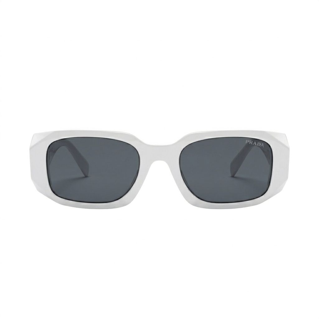 Prada 02 Designer Oversized Square Sunglasses – Glossy White Acetate with Gold Wire Temples, White Prada Triangle Logo & Dark Grey UV Protection Lenses