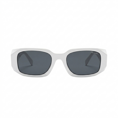 Prada 02 Designer Oversized Square Sunglasses – Glossy White Acetate with Gold Wire Temples, White Prada Triangle Logo & Dark Grey UV Protection Lenses