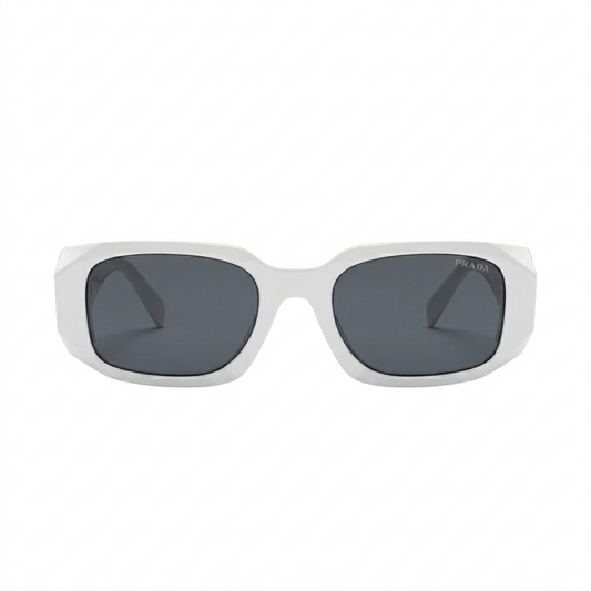Prada 02 Designer Oversized Square Sunglasses – Glossy White Acetate with Gold Wire Temples, White Prada Triangle Logo & Dark Grey UV Protection Lenses