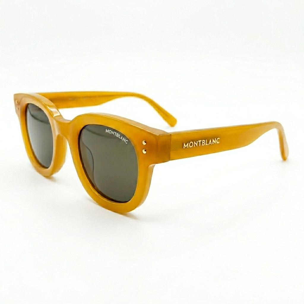 Montblanc 89210 Luxury Bold Round Sunglasses – Honey Amber Acetate with Gold Montblanc Temple Branding, Gold Dot Detail & Dark Grey UV Protection Lenses
