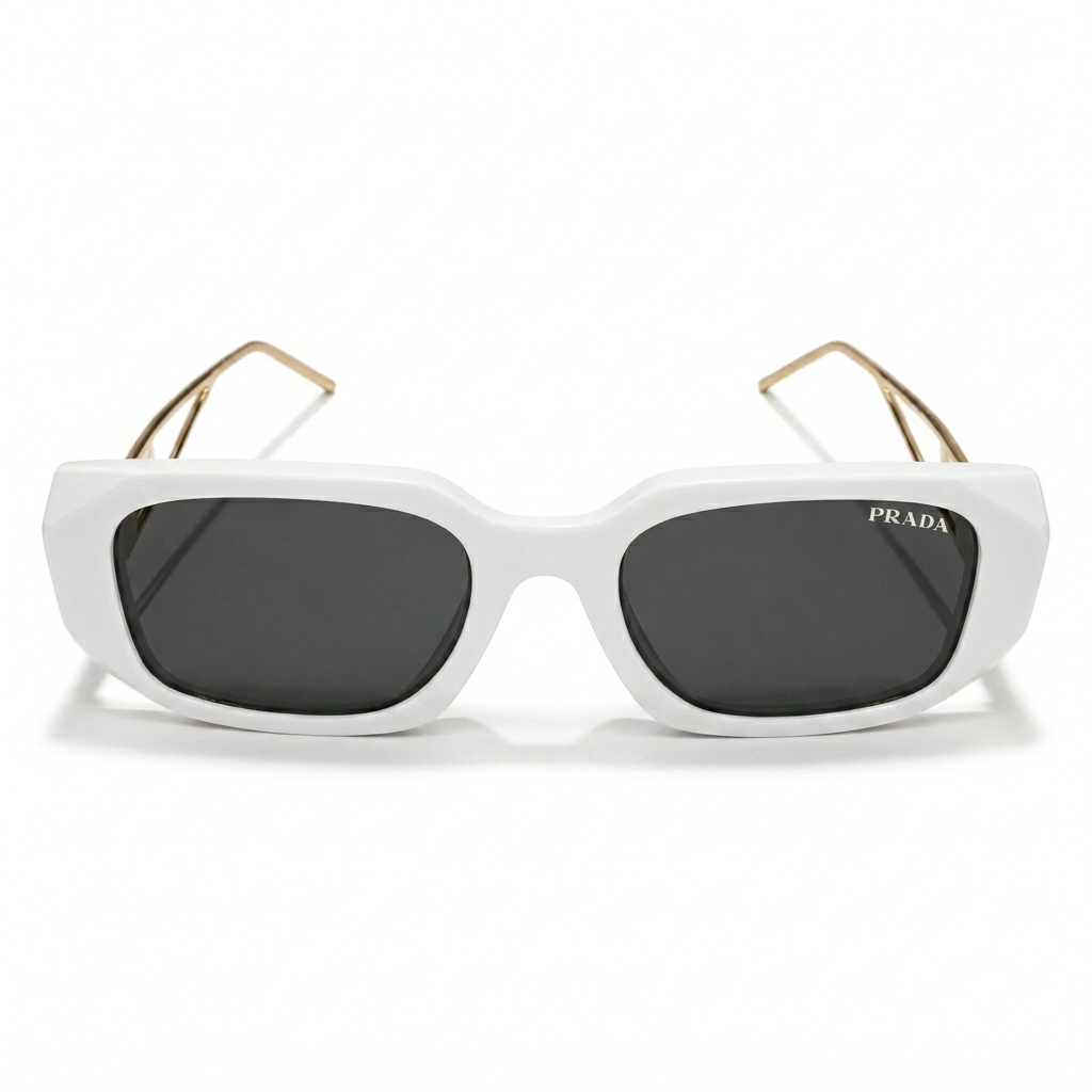 Prada 02 Designer Oversized Square Sunglasses – Glossy White Acetate with Gold Wire Temples, White Prada Triangle Logo & Dark Grey UV Protection Lenses