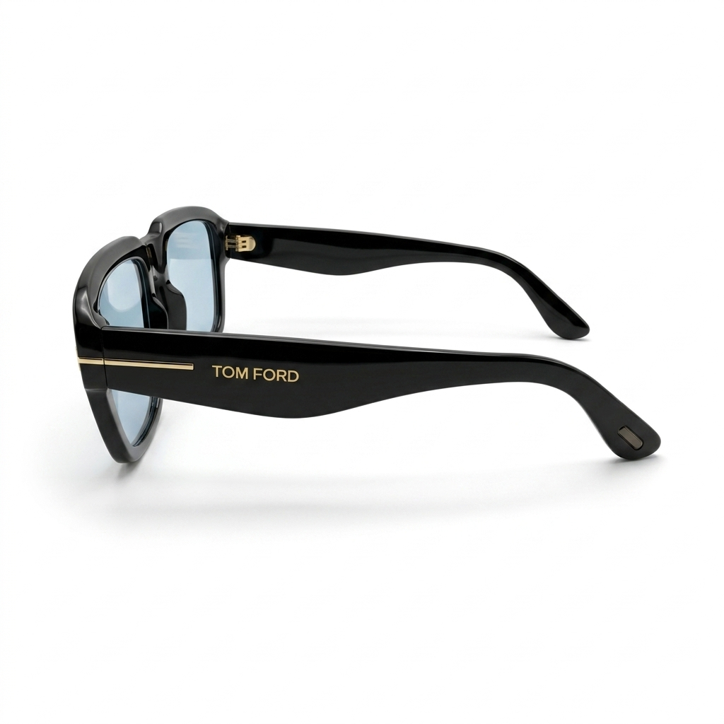 Tom Ford 185 Luxury Oversized Square Sunglasses – Glossy Black Acetate with Gold T-Logo Hinge, Tom Ford Branding & Light Blue UV Protection Lenses