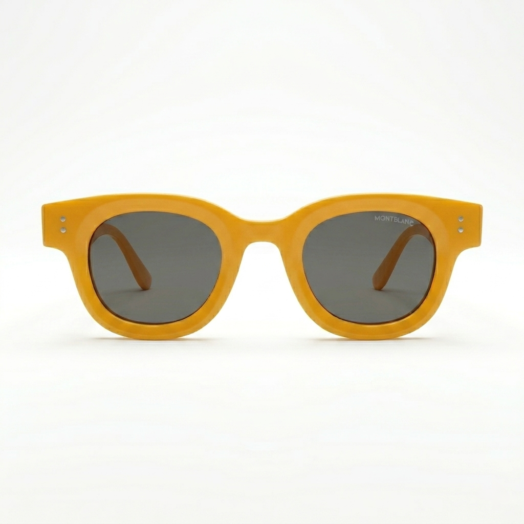 Montblanc 89210 Luxury Bold Round Sunglasses – Honey Amber Acetate with Gold Montblanc Temple Branding, Gold Dot Detail & Dark Grey UV Protection Lenses