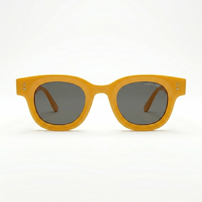 Montblanc 89210 Luxury Bold Round Sunglasses – Honey Amber Acetate with Gold Montblanc Temple Branding, Gold Dot Detail & Dark Grey UV Protection Lenses