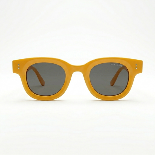 Montblanc 89210 Luxury Bold Round Sunglasses – Honey Amber Acetate with Gold Montblanc Temple Branding, Gold Dot Detail & Dark Grey UV Protection Lenses