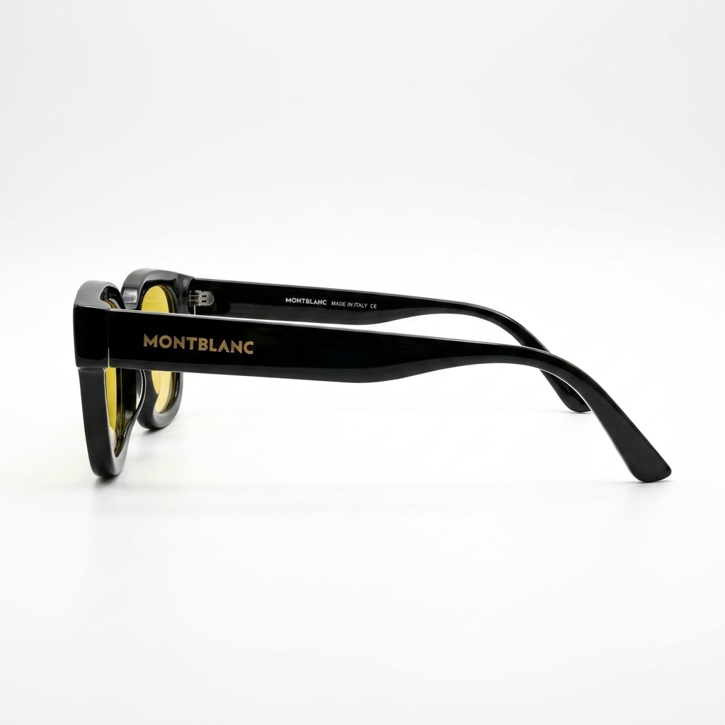 Montblanc 89210 Luxury Round Wayfarer Sunglasses – Glossy Black Acetate with Gold Montblanc Temple Branding, Silver Rivet Detail & Amber Yellow Tinted UV Protection Lenses