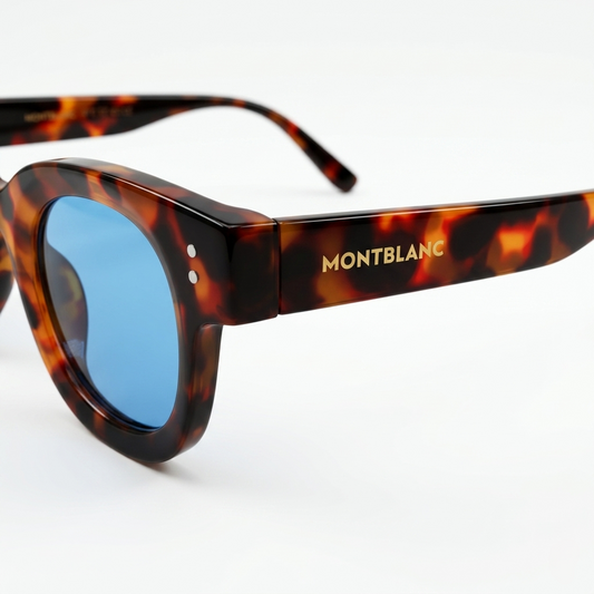 Montblanc 89210 Luxury Bold Round Sunglasses – Glossy Havana Tortoise Acetate with Gold Montblanc Temple Branding, Silver Dot Detail & Ocean Blue Tinted UV Protection Lenses
