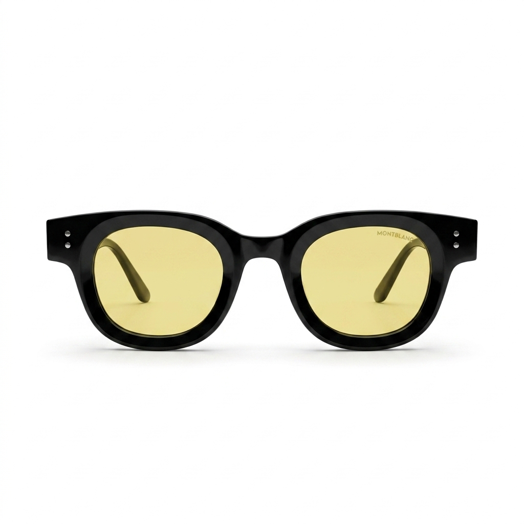 Montblanc 89210 Luxury Round Wayfarer Sunglasses – Glossy Black Acetate with Gold Montblanc Temple Branding, Silver Rivet Detail & Amber Yellow Tinted UV Protection Lenses