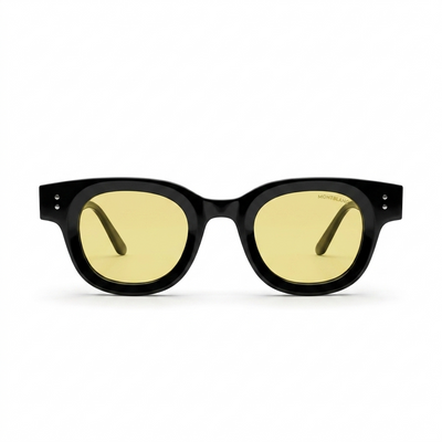 Montblanc 89210 Luxury Round Wayfarer Sunglasses – Glossy Black Acetate with Gold Montblanc Temple Branding, Silver Rivet Detail & Amber Yellow Tinted UV Protection Lenses