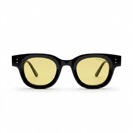 Montblanc 89210 Luxury Round Wayfarer Sunglasses – Glossy Black Acetate with Gold Montblanc Temple Branding, Silver Rivet Detail & Amber Yellow Tinted UV Protection Lenses