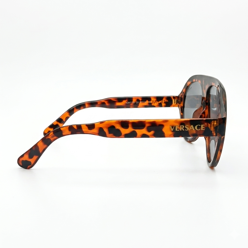 Versace 97193 Luxury Bold Aviator Sunglasses – Havana Tortoise Acetate with Gold Versace Temple Branding & Dark Grey UV Protection Lenses