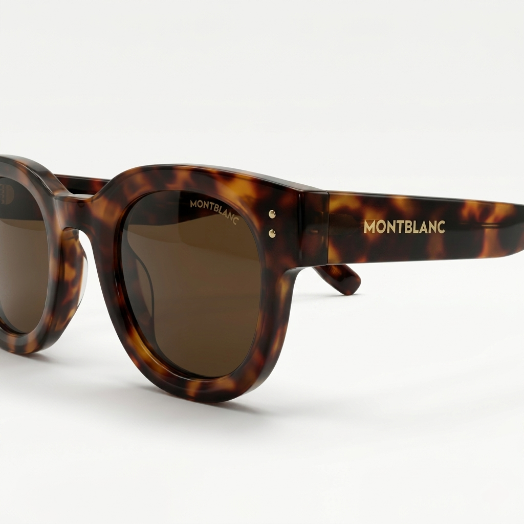 Montblanc 89210 Luxury Bold Round Sunglasses – Havana Tortoise Acetate with Gold Montblanc Temple Branding, Silver Rivet Detail & Brown Tinted UV Protection Lenses