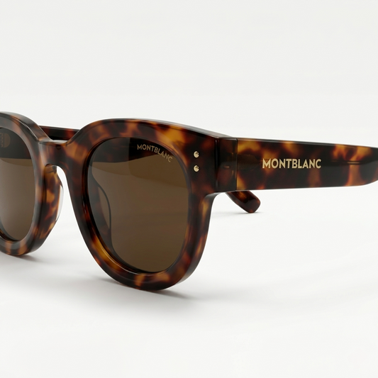 Montblanc 89210 Luxury Bold Round Sunglasses – Havana Tortoise Acetate with Gold Montblanc Temple Branding, Silver Rivet Detail & Brown Tinted UV Protection Lenses