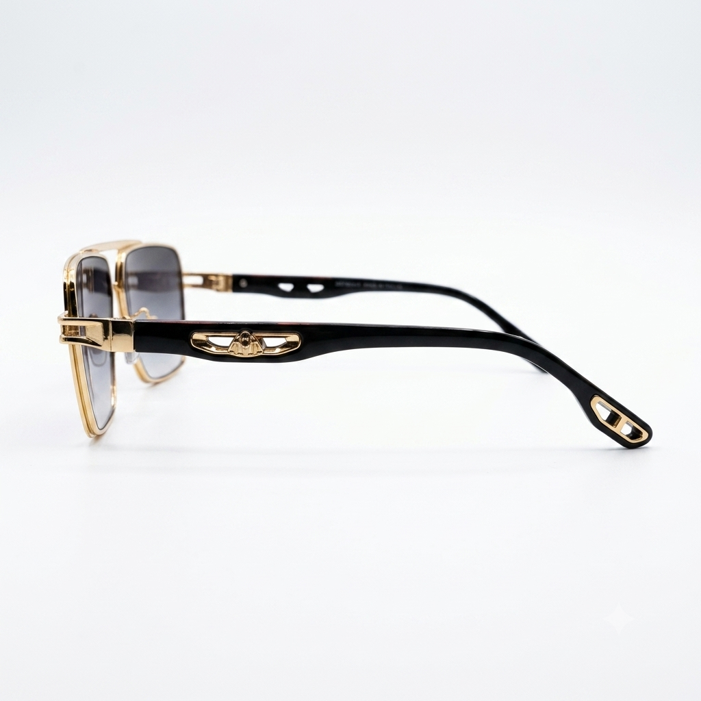 Maybach 5G218 Designer Square Aviator Sunglasses – Gold Metal & Black Acetate with Maybach Logo Hinge, Double Bridge & Gradient Grey UV Protection Lenses
