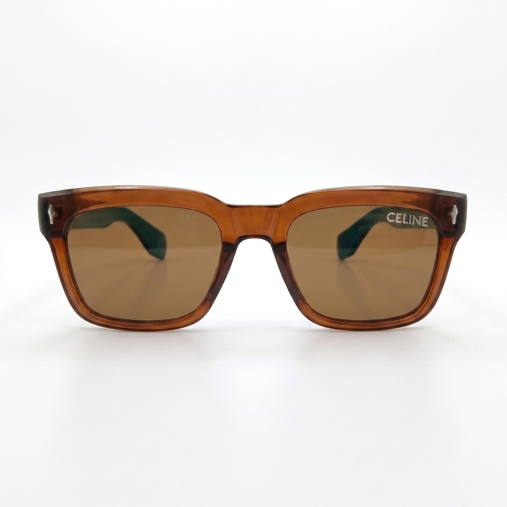 Celine 3831 Luxury Bold Square Sunglasses – Transparent Brown Acetate with Green Temples & Brown UV Protection Lenses