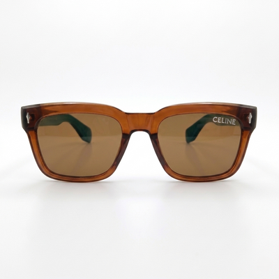 Celine 3831 Luxury Bold Square Sunglasses – Transparent Brown Acetate with Green Temples & Brown UV Protection Lenses