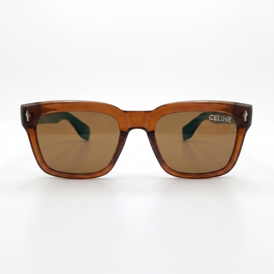 Celine 3831 Luxury Bold Square Sunglasses – Transparent Brown Acetate with Green Temples & Brown UV Protection Lenses