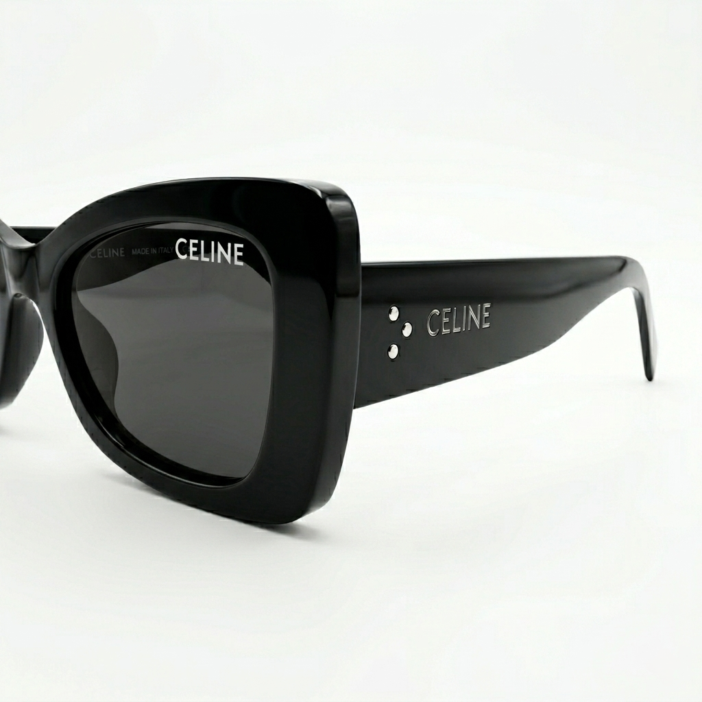 Celine 3743 Luxury Bold Cat-Eye Sunglasses – Glossy Black Acetate with Iconic Silver Celine Temple Branding, Dot Detail & Dark Grey UV Protection Lenses