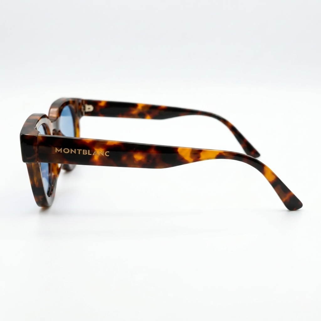 Montblanc 89210 Luxury Bold Round Sunglasses – Glossy Havana Tortoise Acetate with Gold Montblanc Temple Branding, Silver Dot Detail & Ocean Blue Tinted UV Protection Lenses