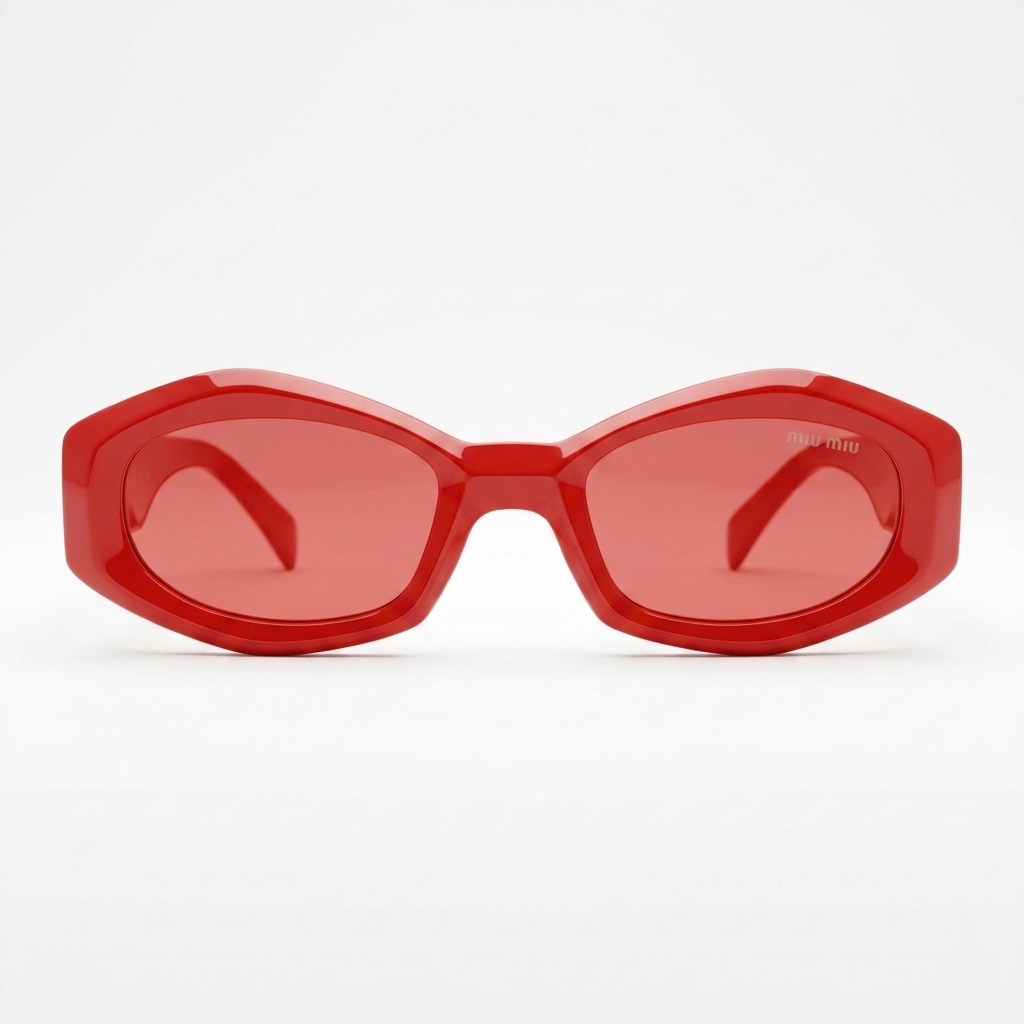 Miu Miu 5713 Luxury Oversized Geometric Sunglasses – Glossy Cherry Red Acetate with Iconic Gold Miu Miu Temple Branding & Red Tinted UV Protection Lenses