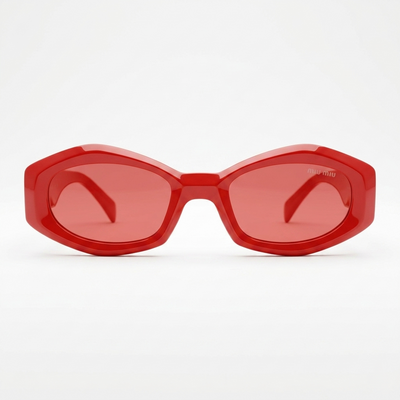 Miu Miu 5713 Luxury Oversized Geometric Sunglasses – Glossy Cherry Red Acetate with Iconic Gold Miu Miu Temple Branding & Red Tinted UV Protection Lenses