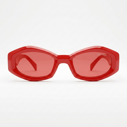 Miu Miu 5713 Luxury Oversized Geometric Sunglasses – Glossy Cherry Red Acetate with Iconic Gold Miu Miu Temple Branding & Red Tinted UV Protection Lenses