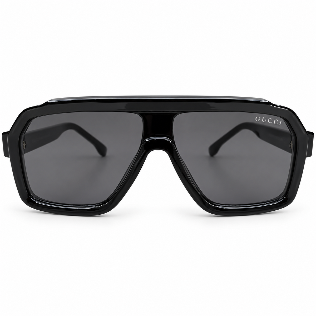 Gucci 28015 Luxury Oversized Rectangle Sunglasses for Men - Glossy Black Acetate Frame, Silver GUCCI Temple Logo & Dark Grey Lenses