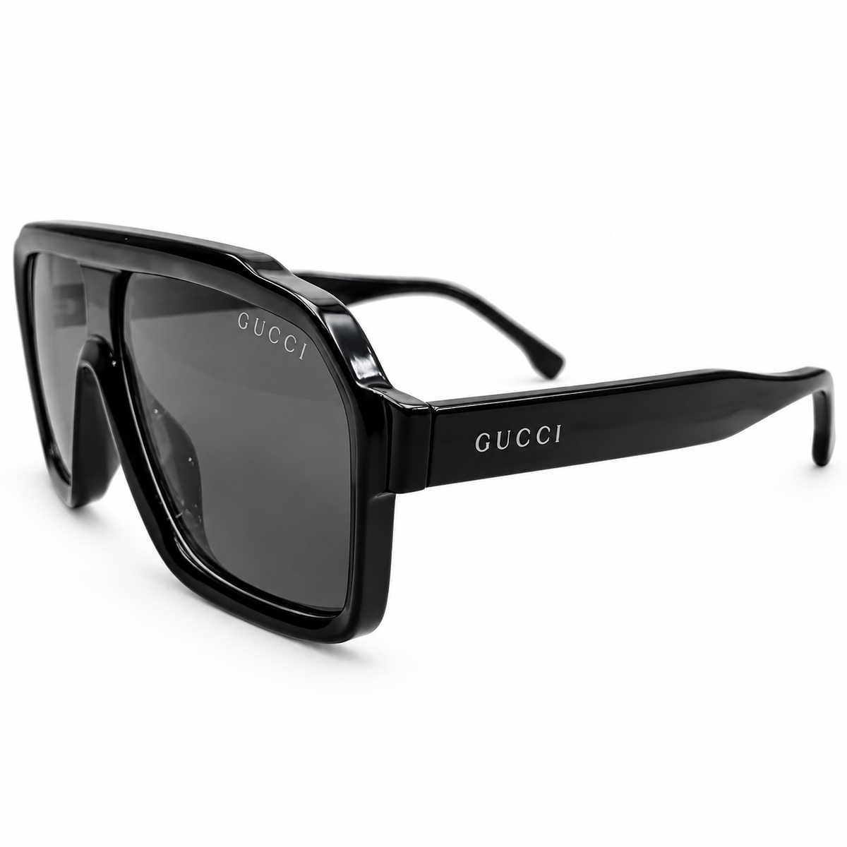 Gucci 28015 Luxury Oversized Rectangle Sunglasses for Men - Glossy Black Acetate Frame, Silver GUCCI Temple Logo & Dark Grey Lenses