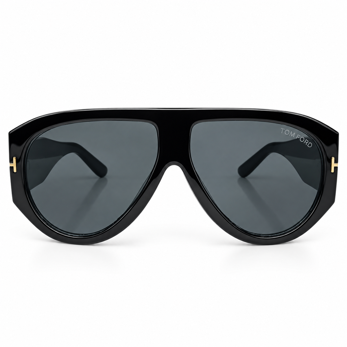 Tom Ford 9577 Luxury Oversized Aviator Sunglasses for Men - Glossy Black Acetate Frame, Gold T Logo Detail & Dark Grey Lenses