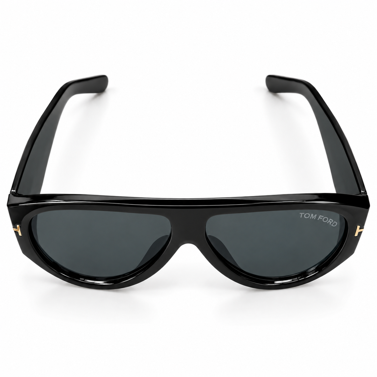 Tom Ford 9577 Luxury Oversized Aviator Sunglasses for Men - Glossy Black Acetate Frame, Gold T Logo Detail & Dark Grey Lenses