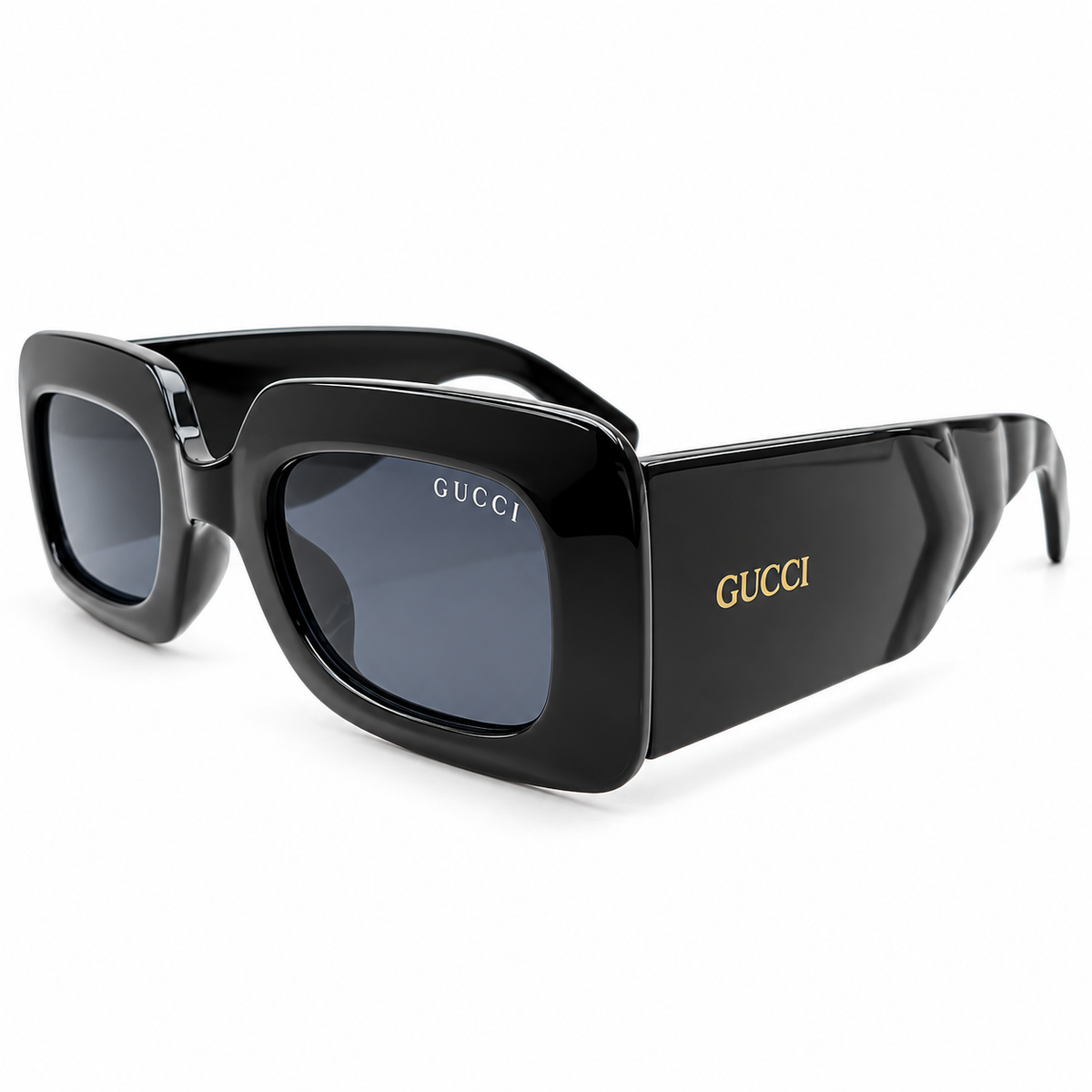 Gucci 9111 Luxury Chunky Rectangle Sunglasses for Men - Glossy Black Thick Acetate Frame, Gold GUCCI Temple Logo & Dark Grey Lenses