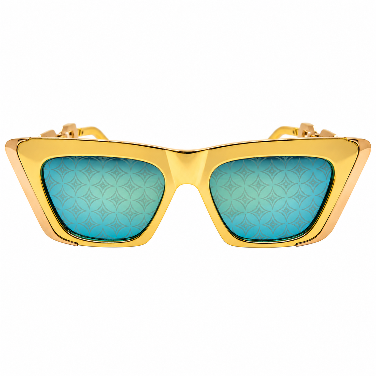 Louis Vuitton 98012 Luxury Cat Eye Sunglasses for Women - Glossy Gold Metal Frame, Gold Chain-Link Temples & Teal Mirror Monogram Pattern Lenses
