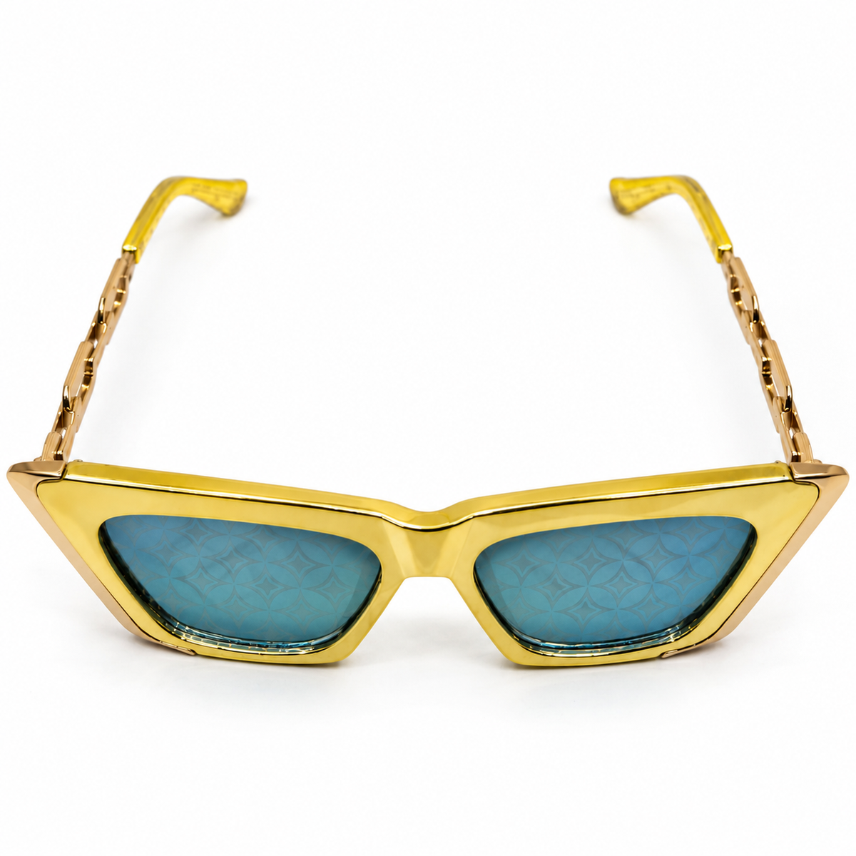 Louis Vuitton 98012 Luxury Cat Eye Sunglasses for Women - Glossy Gold Metal Frame, Gold Chain-Link Temples & Teal Mirror Monogram Pattern Lenses