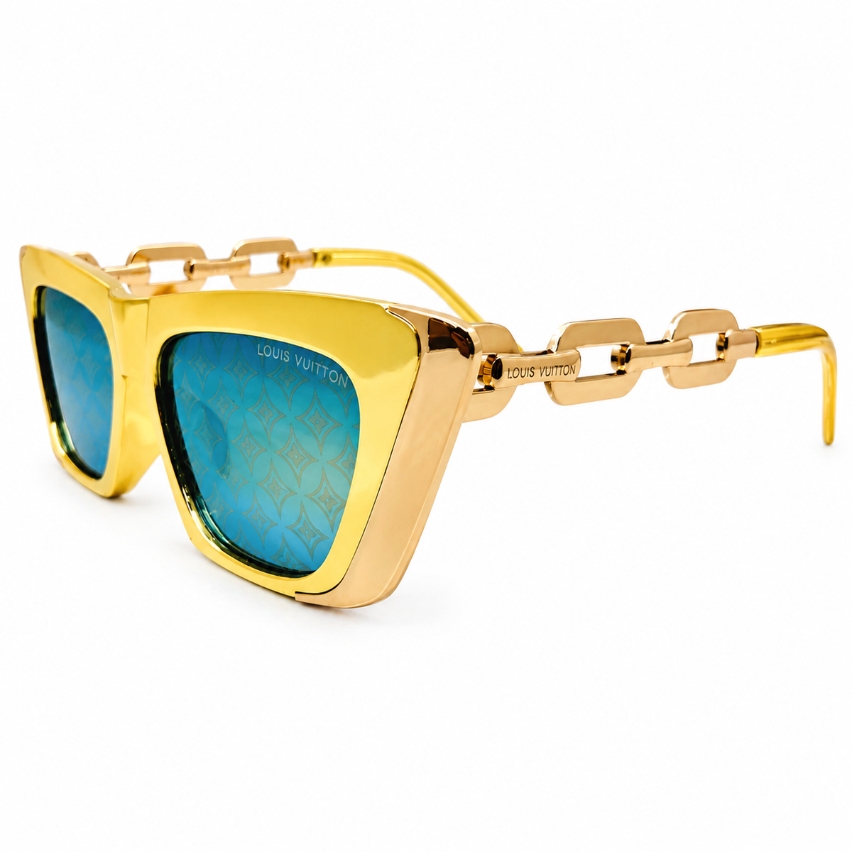 Louis Vuitton 98012 Luxury Cat Eye Sunglasses for Women - Glossy Gold Metal Frame, Gold Chain-Link Temples & Teal Mirror Monogram Pattern Lenses