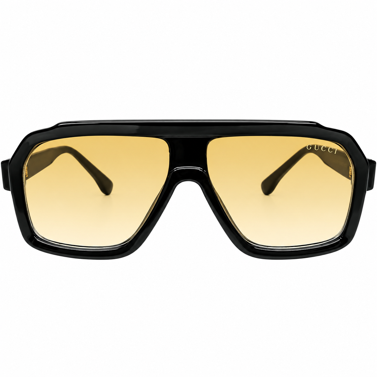 Gucci 28015 Luxury Oversized Rectangle Sunglasses for Men - Glossy Black Acetate Frame, Gold GUCCI Temple Logo & Yellow Amber Gradient Lenses
