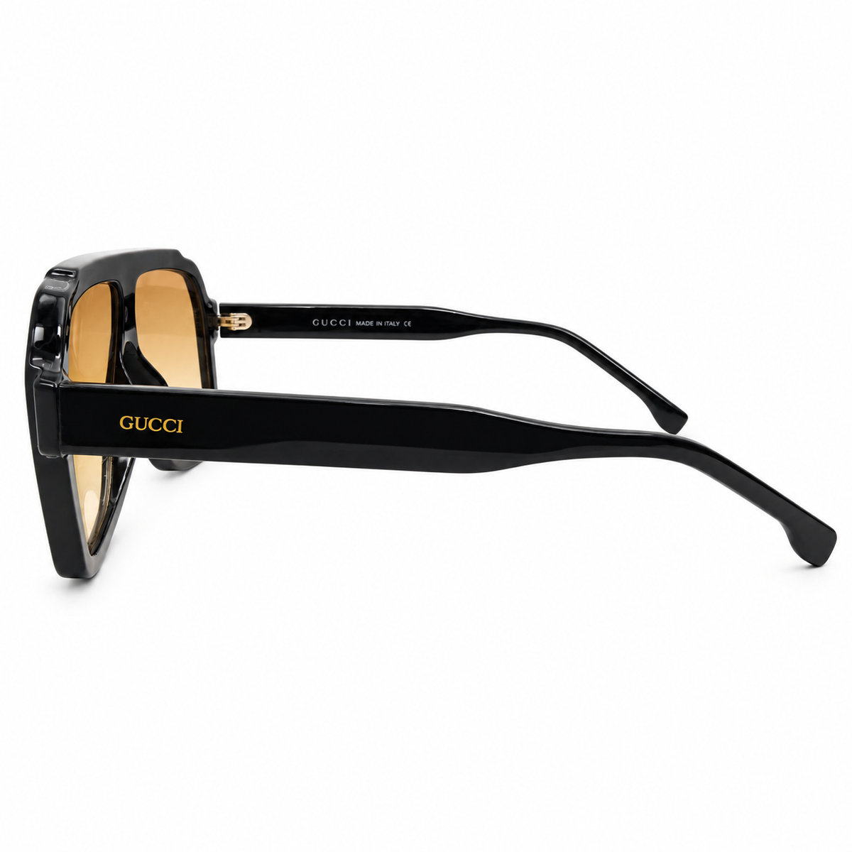 Gucci 28015 Luxury Oversized Rectangle Sunglasses for Men - Glossy Black Acetate Frame, Gold GUCCI Temple Logo & Yellow Amber Gradient Lenses