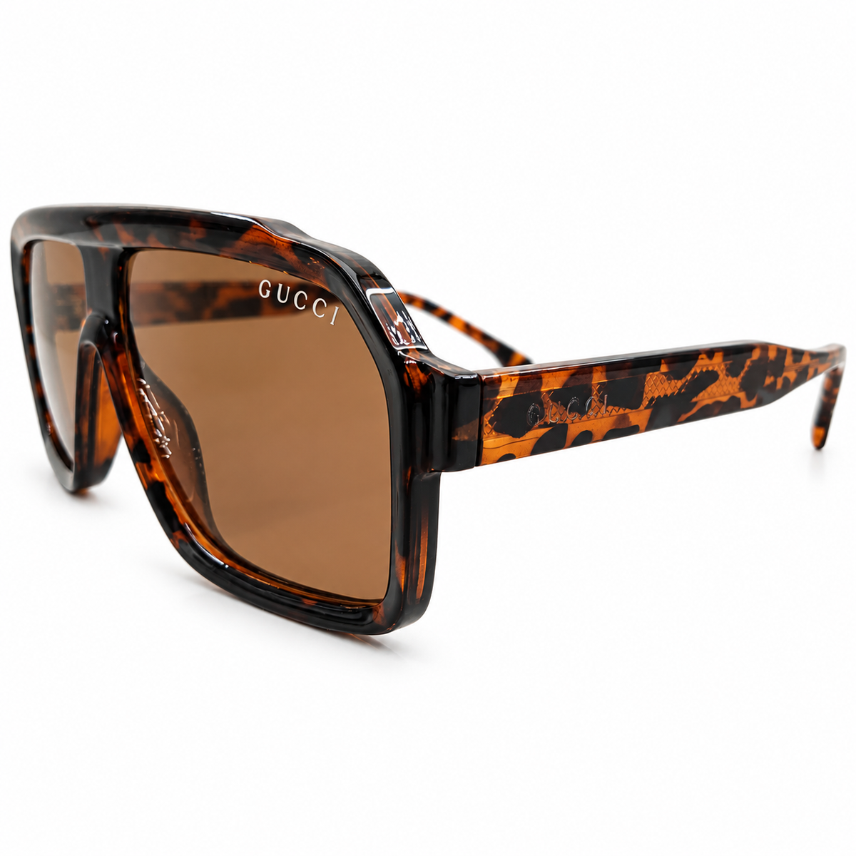 Gucci 28015 Luxury Oversized Rectangle Sunglasses for Men - Glossy Leopard Tortoise Acetate Frame, Textured Temples & Brown Lenses