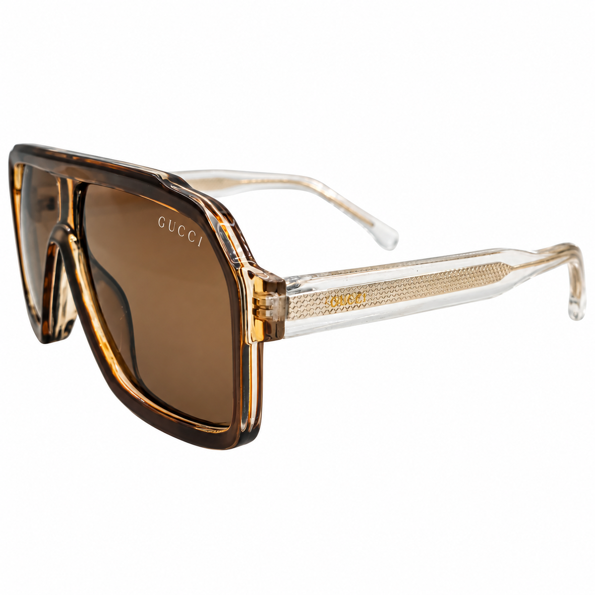 Gucci 28015 Luxury Oversized Rectangle Sunglasses for Men - Glossy Amber Tortoise Acetate Frame, Clear Gold Textured Temples & Brown Lenses