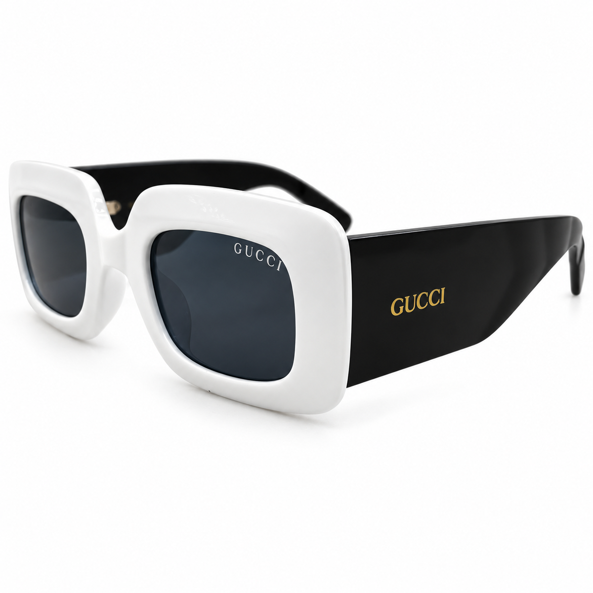 Gucci 9111 Luxury Chunky Rectangle Sunglasses for Men - Glossy White Thick Acetate Frame, Black Temples, Gold GUCCI Temple Logo & Dark Grey Lenses