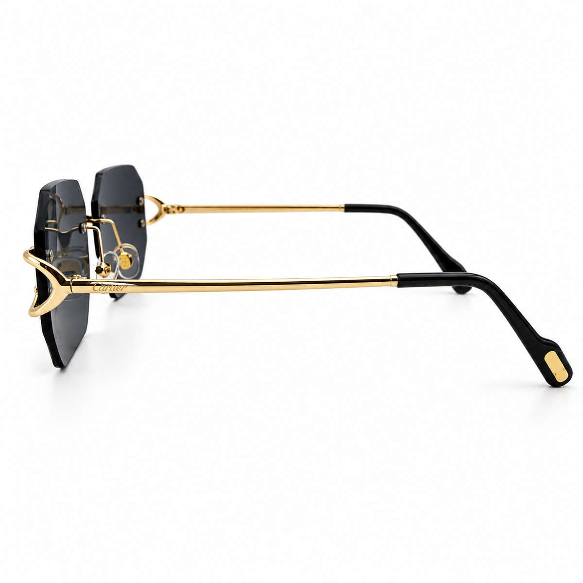 Cartier 5G34 Luxury Rimless Octagon Sunglasses for Men - Gold-Tone Metal Frame, Diamond-Cut Dark Grey Lenses & Black Temple Tips