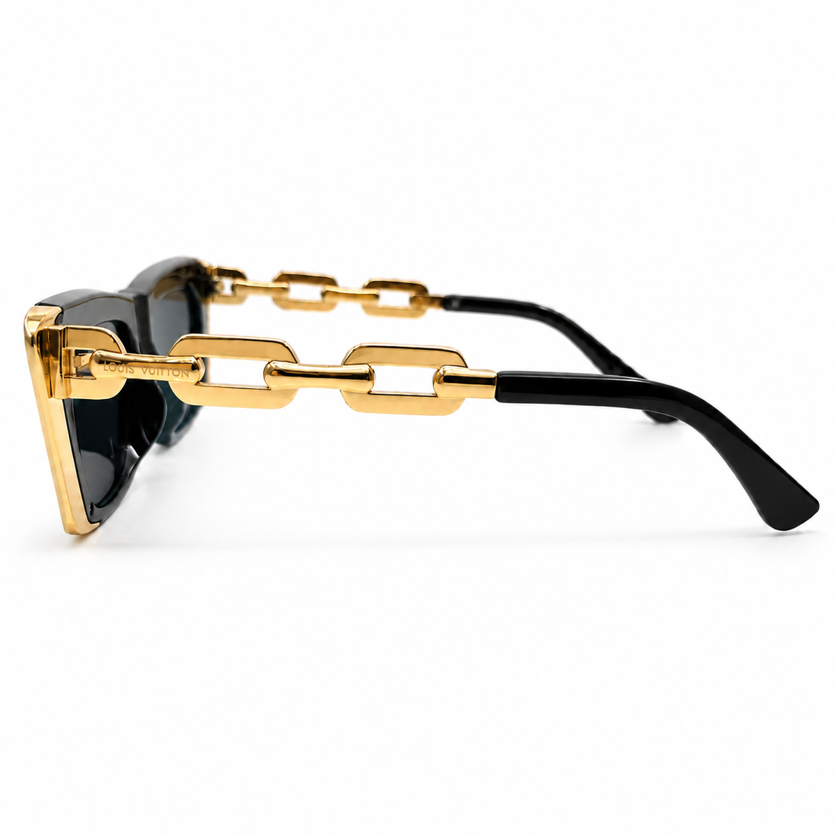 Louis Vuitton 98012 Luxury Cat Eye Sunglasses for Women - Glossy Black Metal Frame, Gold Chain-Link Temples, Gold Corner Trim & Dark Grey Lenses