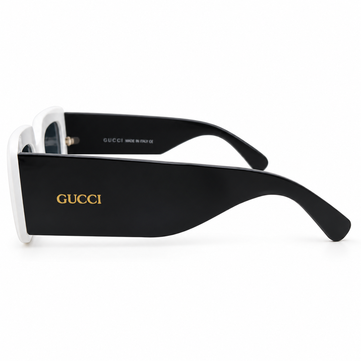 Gucci 9111 Luxury Chunky Rectangle Sunglasses for Men - Glossy White Thick Acetate Frame, Black Temples, Gold GUCCI Temple Logo & Dark Grey Lenses