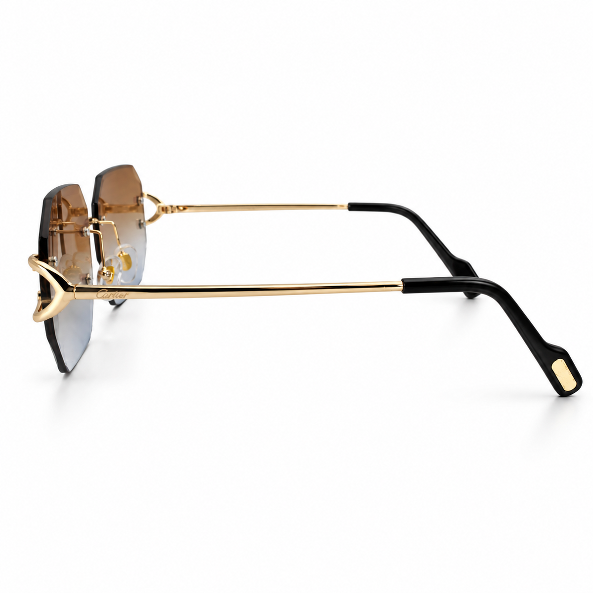 Cartier 5G34 Luxury Rimless Octagon Sunglasses for Men - Gold-Tone Metal Frame, Diamond-Cut Brown Blue Gradient Lenses & Black Temple Tips