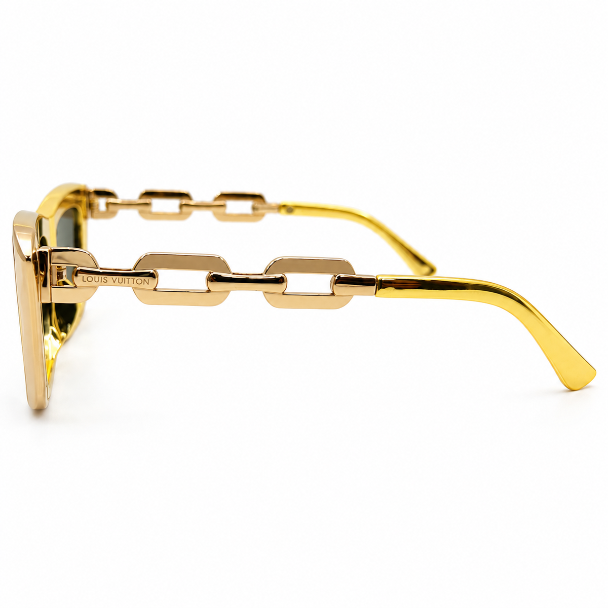 Louis Vuitton 98012 Luxury Cat Eye Sunglasses for Women - Glossy Gold Metal Frame, Gold Chain-Link Temples & Teal Mirror Monogram Pattern Lenses