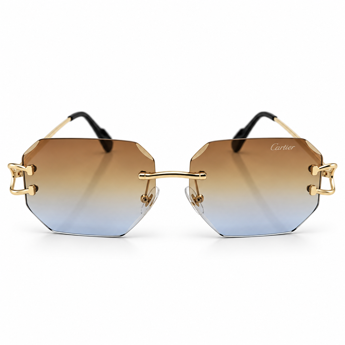 Cartier 5G34 Luxury Rimless Octagon Sunglasses for Men - Gold-Tone Metal Frame, Diamond-Cut Brown Blue Gradient Lenses & Black Temple Tips