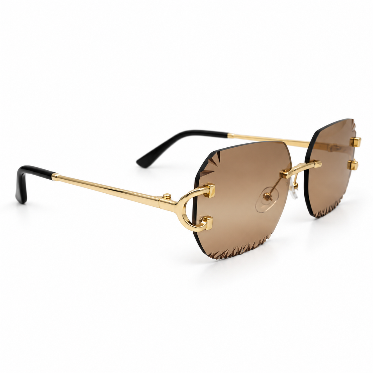 Cartier 5G34 Luxury Rimless Sunglasses for Men - Gold-Tone Metal Frame, Serrated Diamond-Cut Brown Lenses & Black Temple Tips